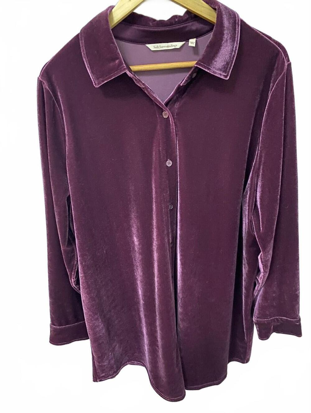 Soft Surroundings Velvet Button-Up Shirt in Deep Burgundy, Size 1X